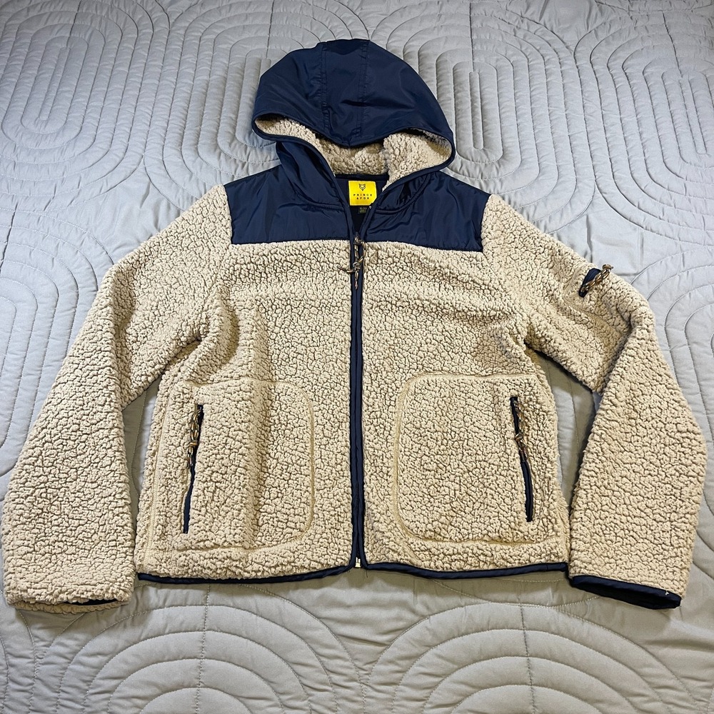 Prince & Fox Mens Fleece Jacket Size XL Hooded Full Zip Faux Fur Brown Blue